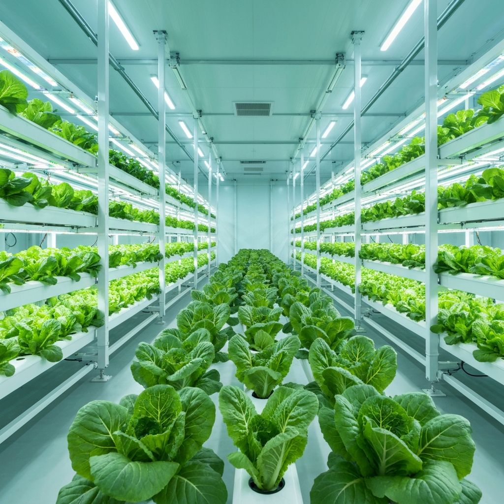Controlled environment agriculture facility with rows of green vegetables growing under LED lights